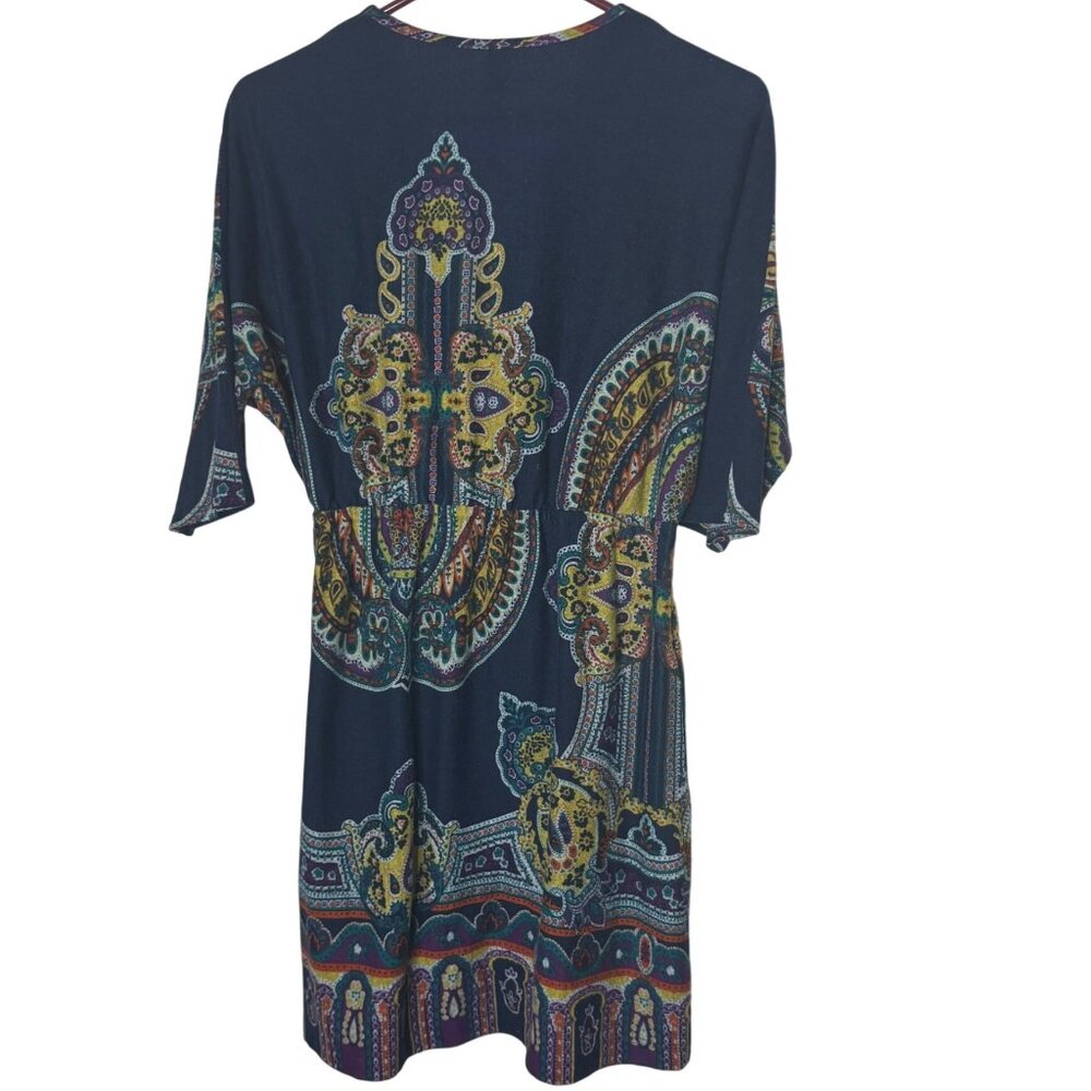 Renee C Boho Paisley Print Dress Navy Multicolor V-Neck Half Sleeve Made USA L - Picture 2 of 8